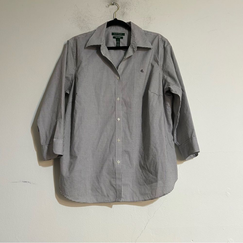 Lauren Ralph Lauren Checkered Button Up Blouse Monogram 1x Preppy Euro Neutral